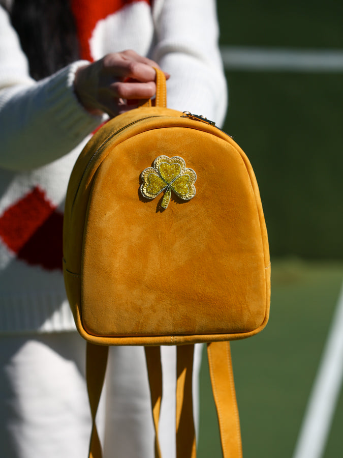 Yellow Backpack with handcrafted  embroidery Clover
