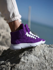 handmade purple suede sneakers, lightweight white sole